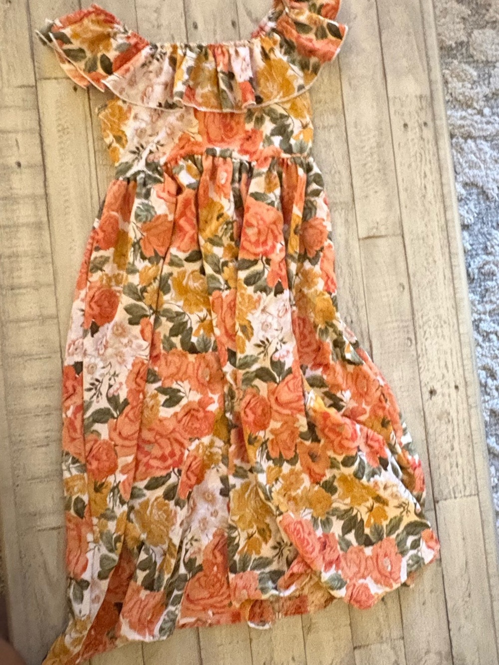 SHEIN Orange Floral Ruffle-Neck Girls Dress